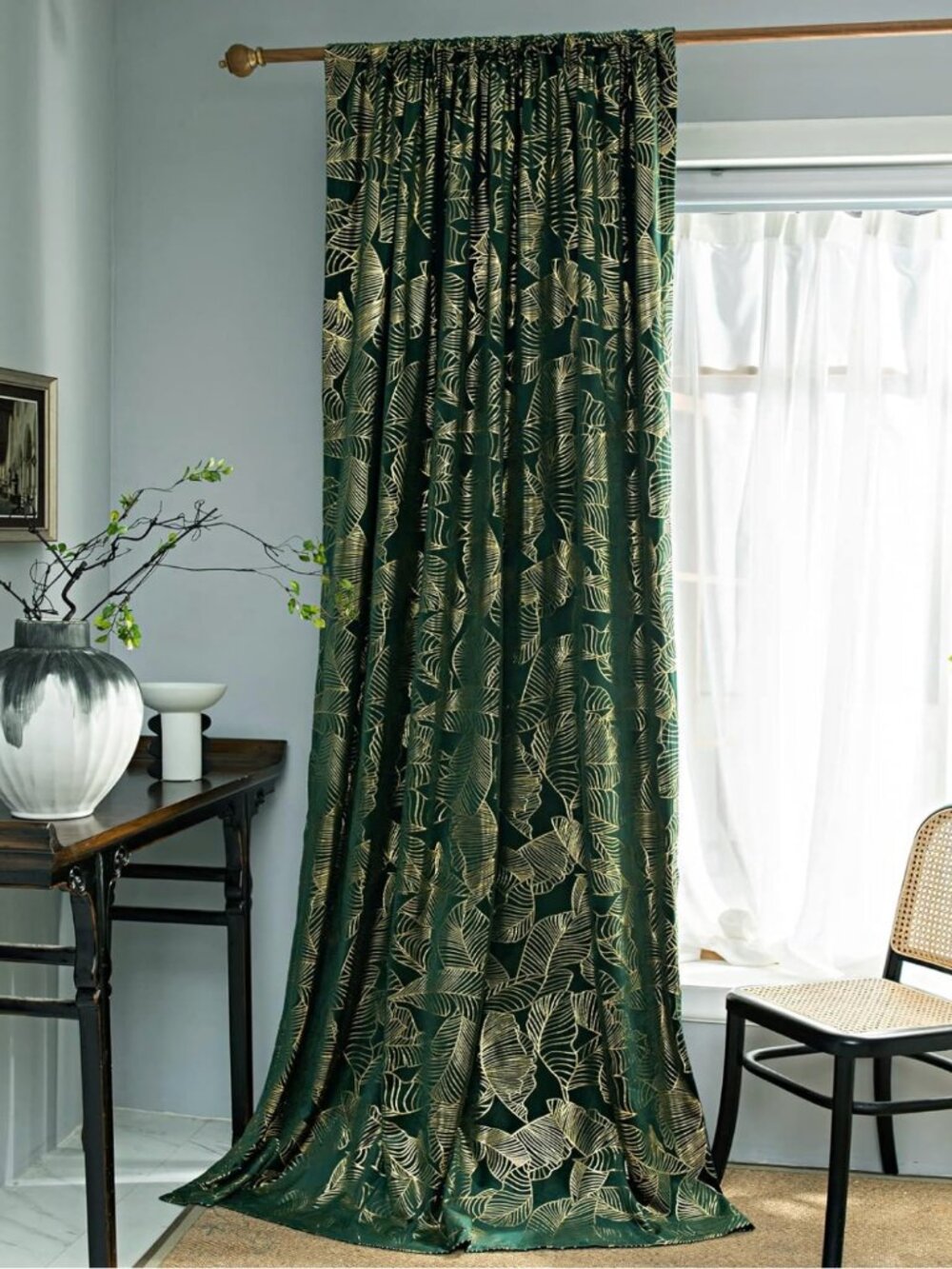 Green Curtains with Gold Leaf